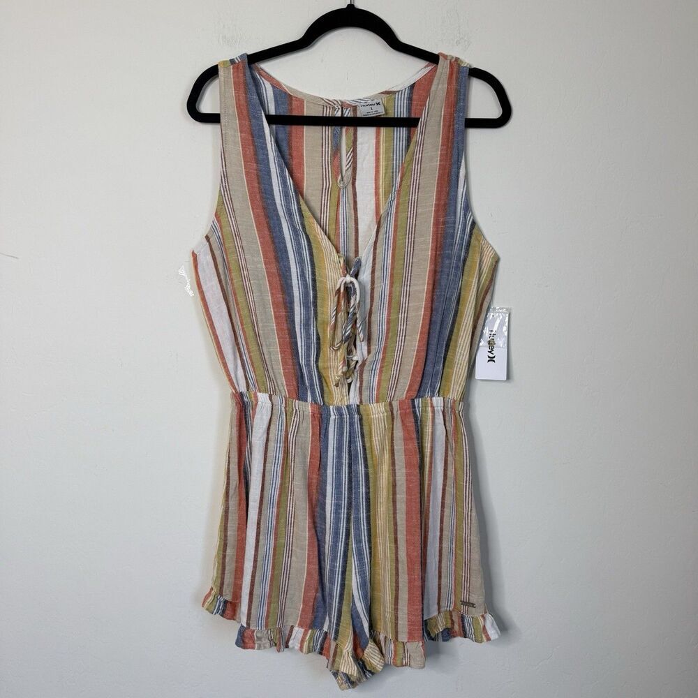 Hurley NWT Linen Blend Large Striped Sleeveless Romper Travel Vacation Beachy - Picture 2 of 13